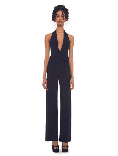 Norma Kamali halter wrap straight leg jumpsuit by Norma Kamali available at Montaigne Market SBH
