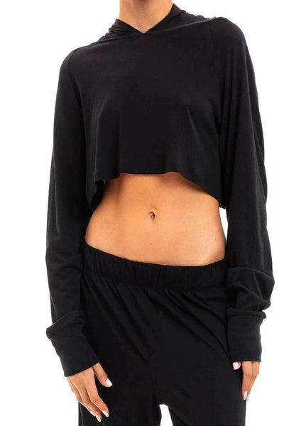 Eterne long sleeve Cropped Hoodie T-Shirt Black by Eterne available at Montaigne Market SBH