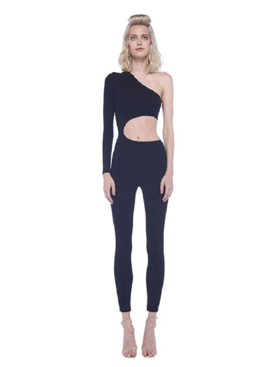 Norma Kamali one sleeve shane catsuit by Norma Kamali available at Montaigne Market SBH