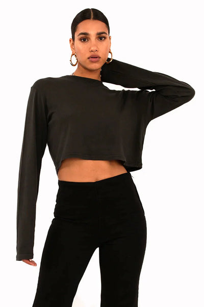 SPRWMN Cropped Long Sleeve Top Black by Sprwmn Sprwmn available at Montaigne Market SBH